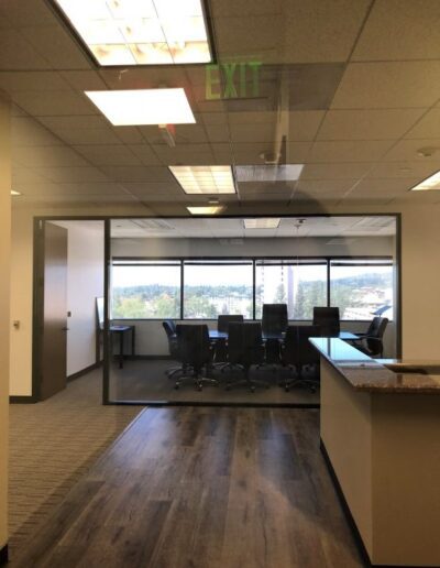 An empty office with a view of the city.