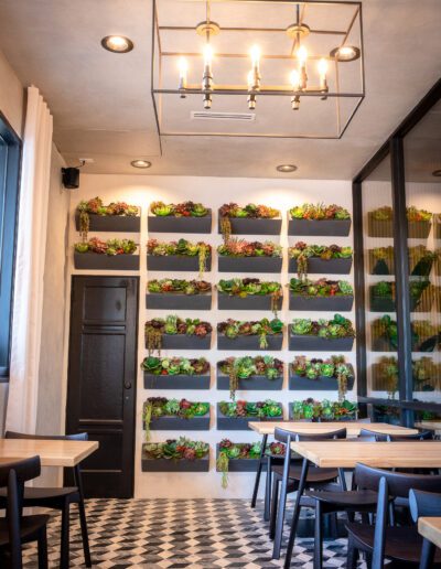 A restaurant with a wall full of plants.