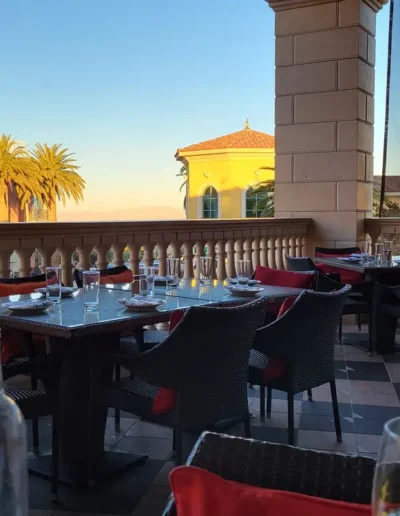 A restaurant with a view of the ocean and palm trees.