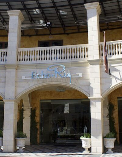 The entrance to a building with columns and arches.